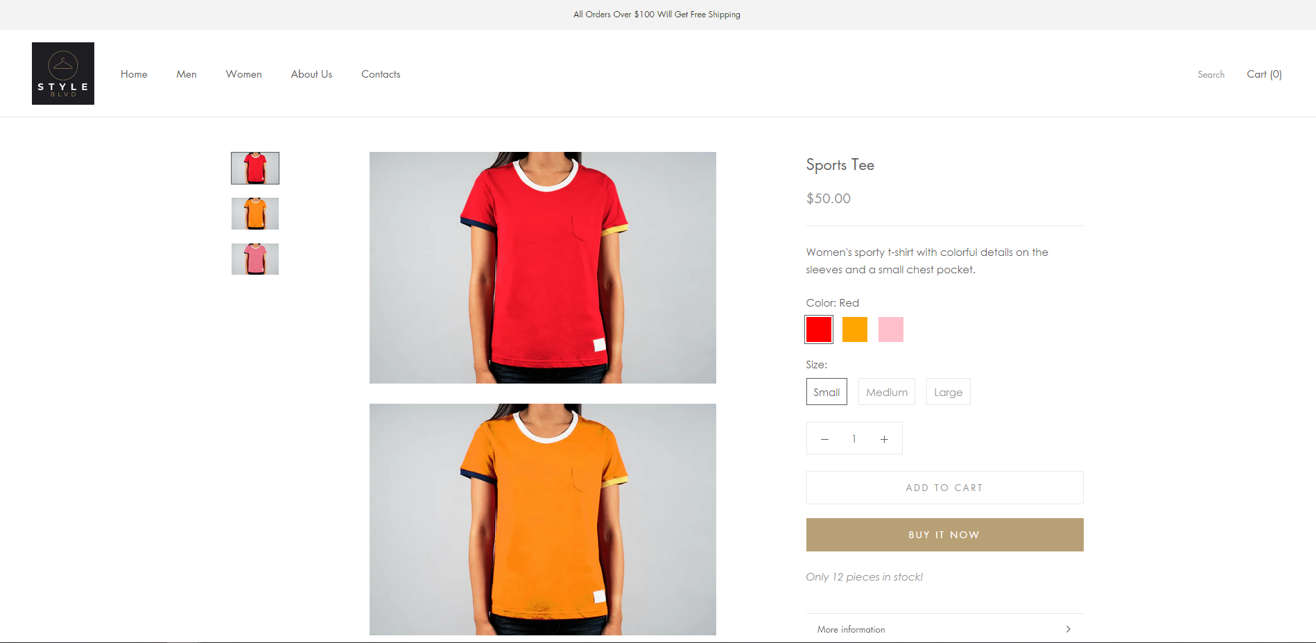 Sample product page with shipping information